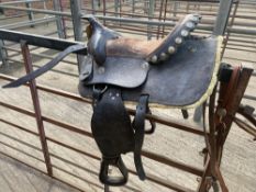 Western saddle, 2 Western bridles, martingale, and hitching reins