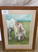 Pastel painting of a Shire horse and a girl.