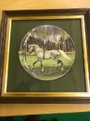 Two framed china plates decorated with scenes of horses.