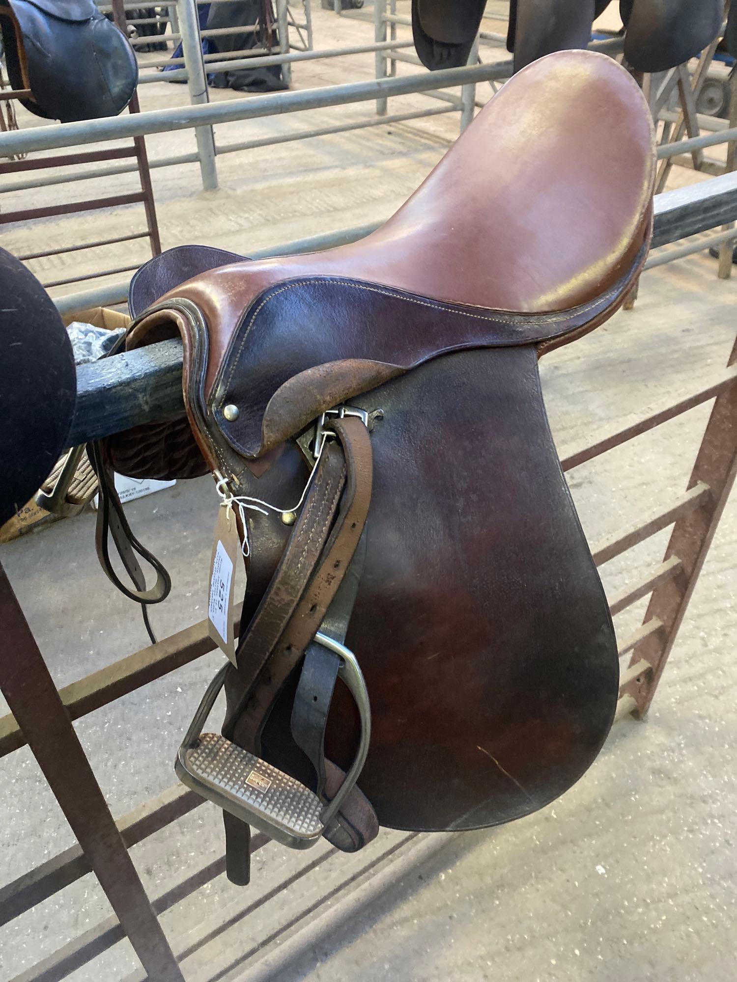 Brown Leather 16.5” Saddle with Stirrup Leathers and Irons