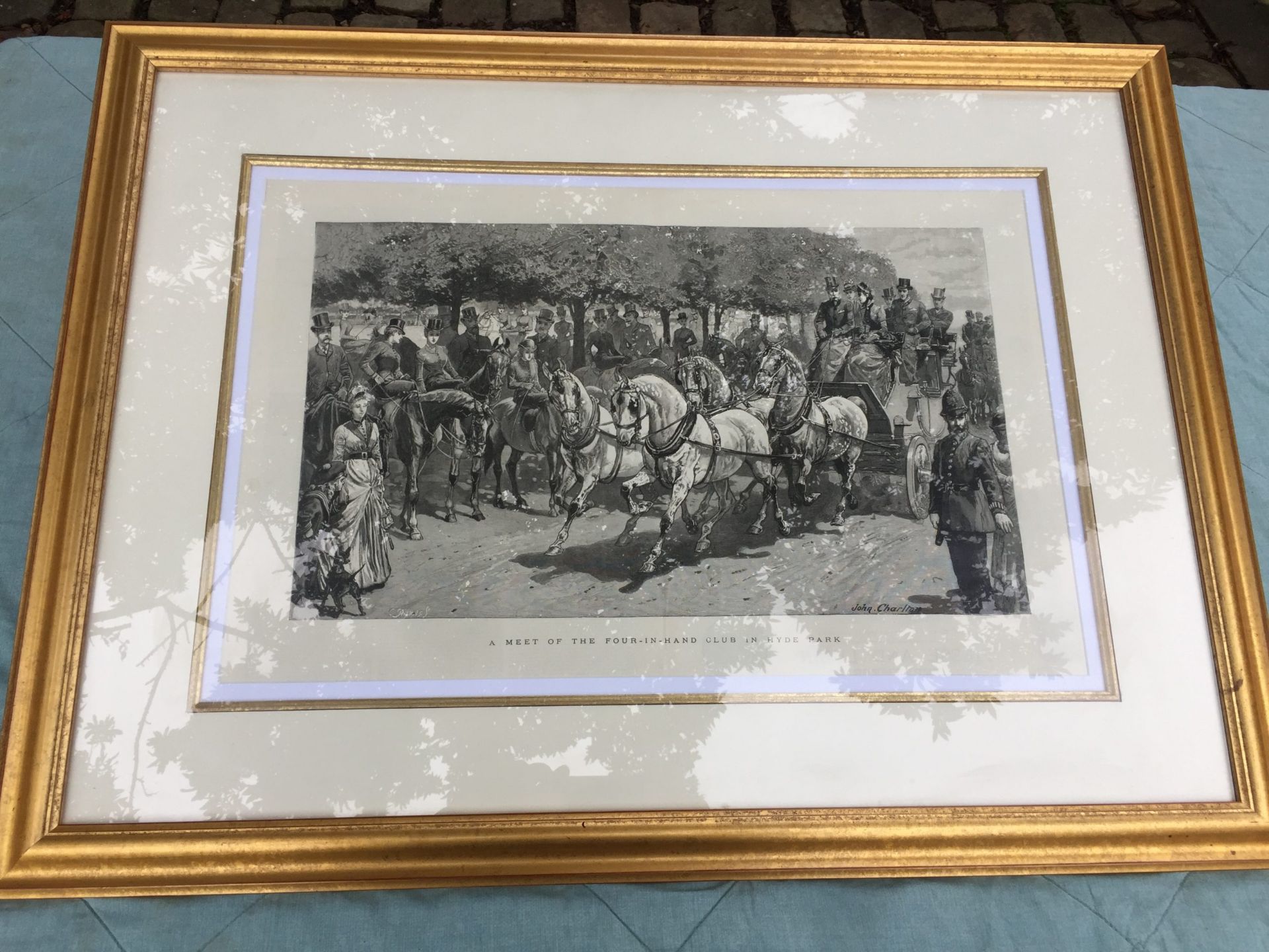 Framed and glazed engraving 'A meet of the four-in-hand Club in Hyde Park' by John Charlton, 1887