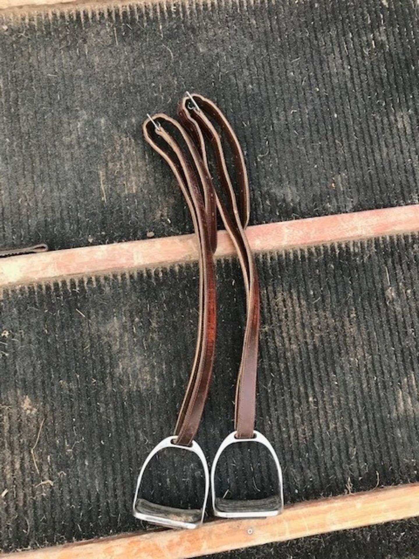 Pair of stirrup irons and leathers