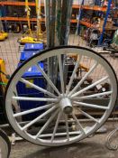 Pair of wooden 52” wheels on rubber tyres with axle