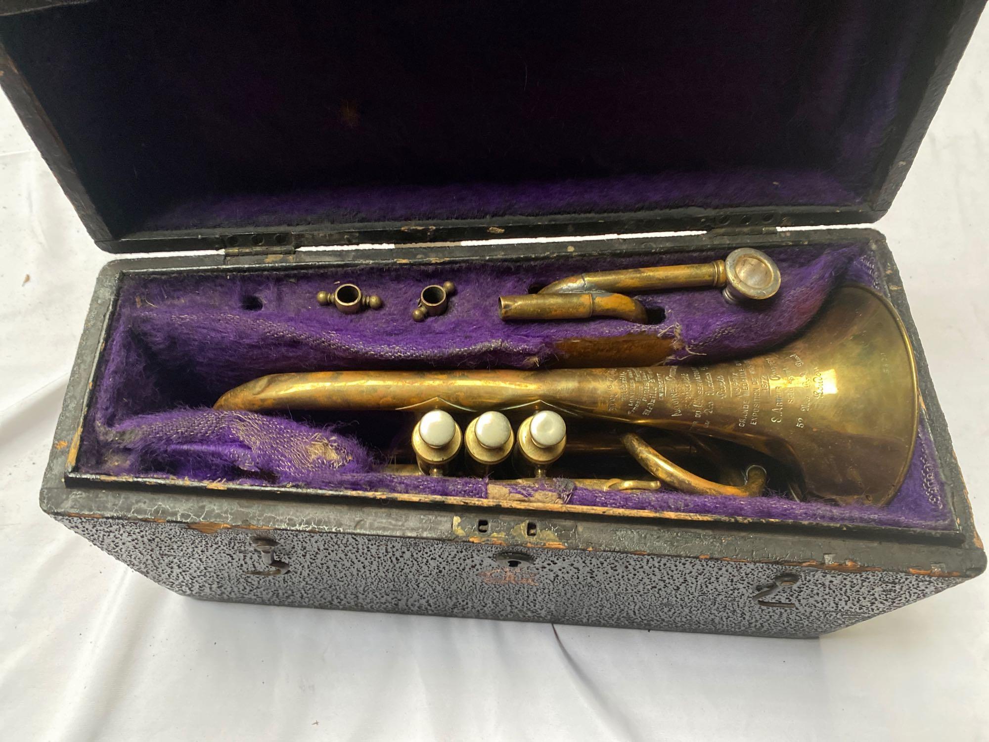 Brass cornet by Antoine Courtois in original case - Image 2 of 3