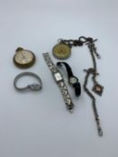 Ingersoll Ltd 'Triumph' pocket watch, Alpina pocket watch, and silver fob chain
