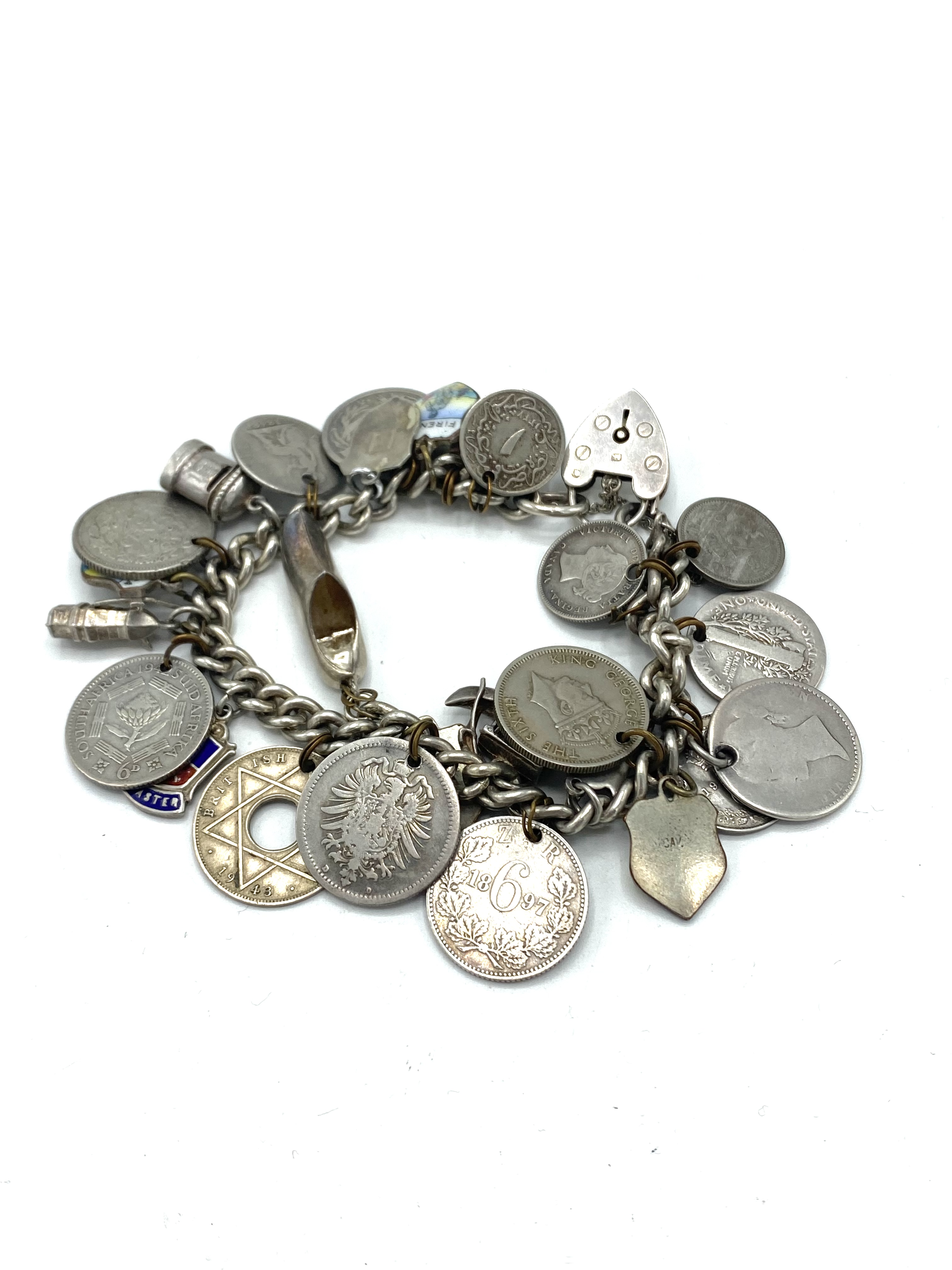 Hallmarked silver charm bracelet and two coin bracelets - Image 2 of 4