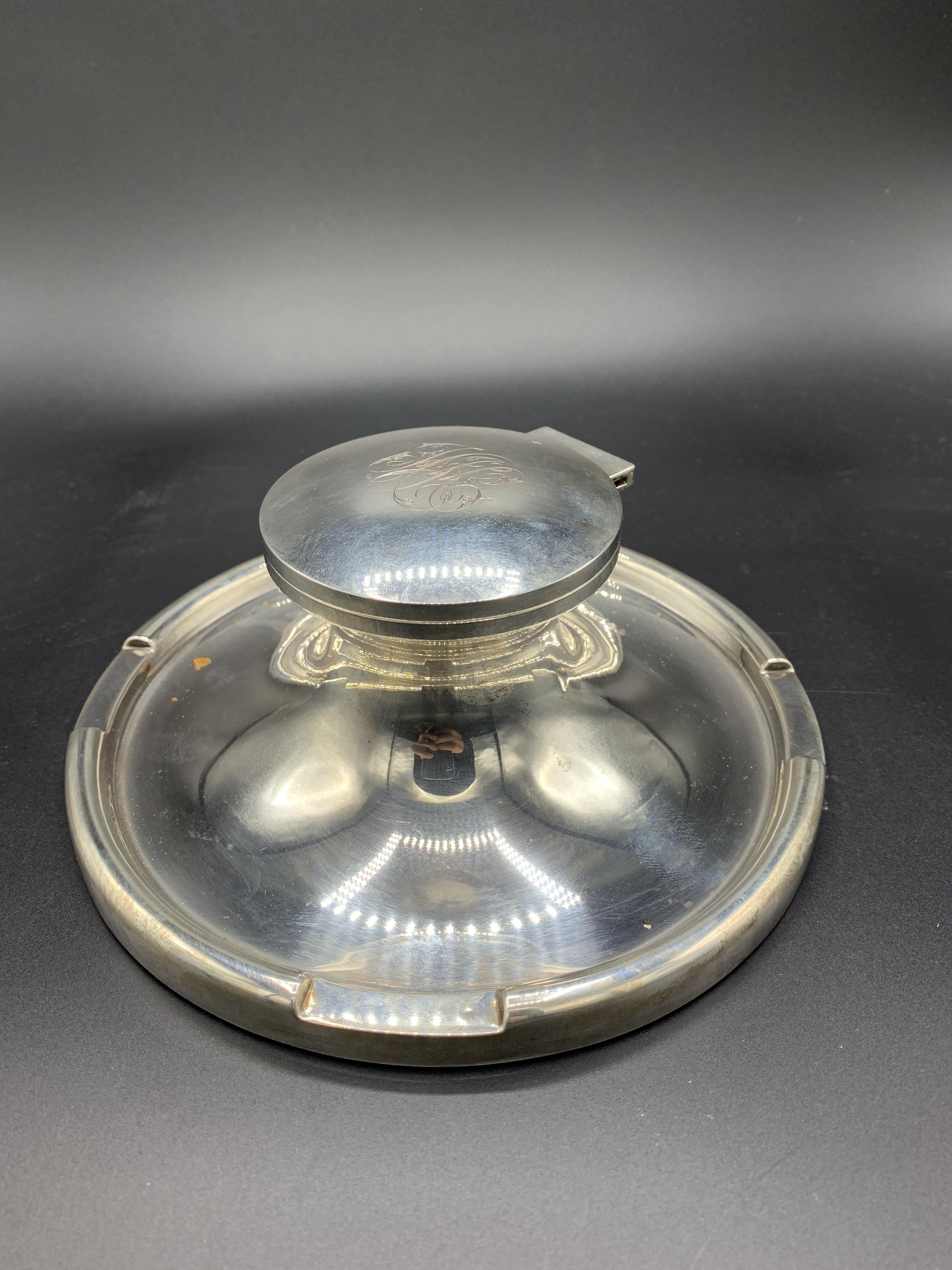 Large silver capstan shaped inkwell by A & J Zimmerman Ltd