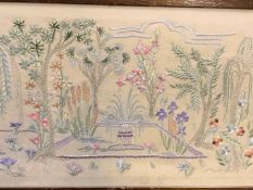 Framed and glazed sampler by Jane Bray dated November 1st 1885, a watercolour, and an embroidery