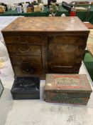 Parquetry cabinet and a Huntley and Palmer's biscuit tin