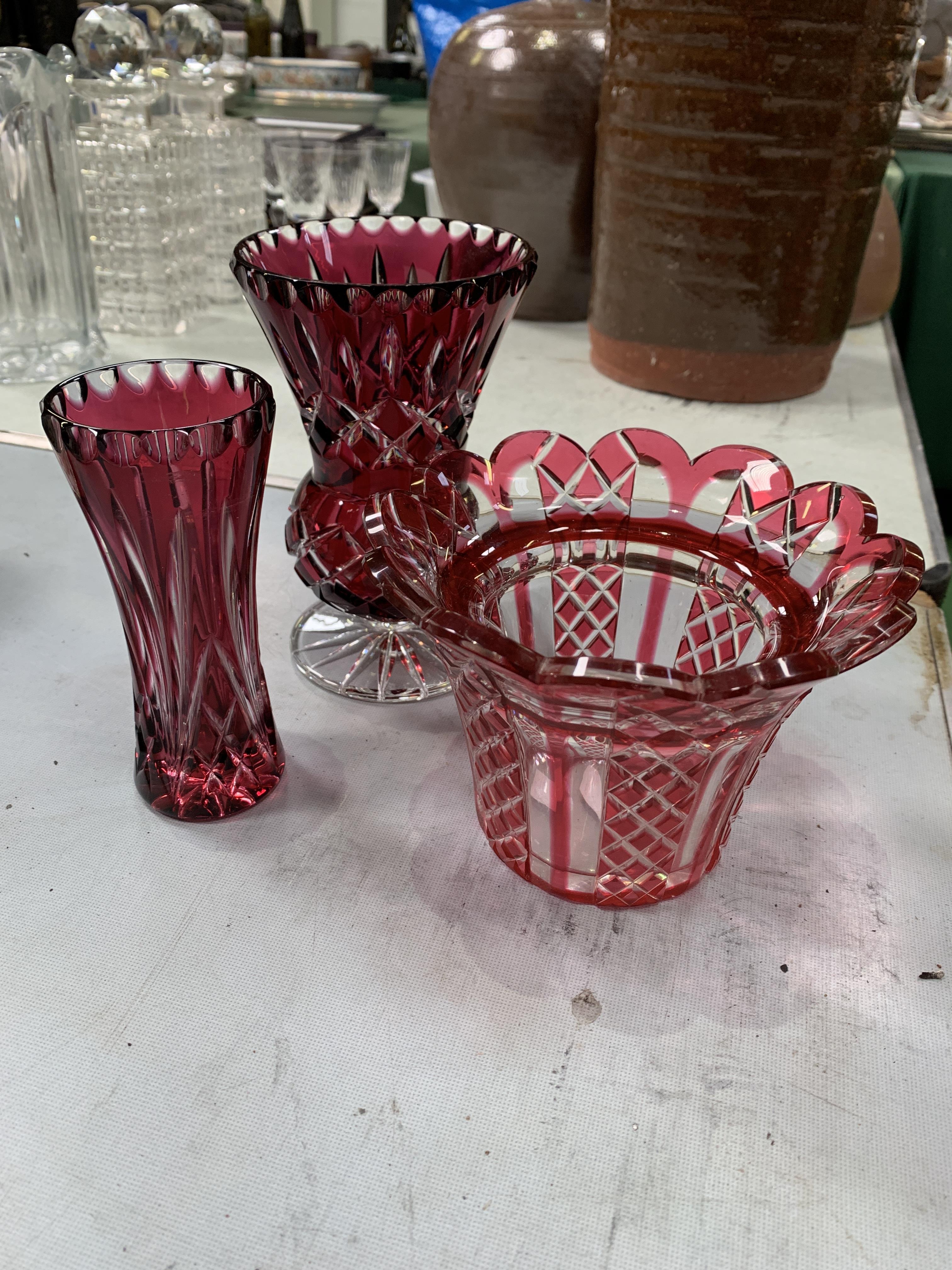 Three crystal glass and ruby flash cut glass vases