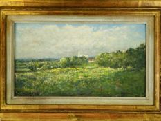 Gilt framed oil on board landscape, signed Harry Adams