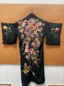 Black silk kimono embroidered with flowers