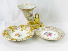A Meissen cornucopia bowl, together with two Meissen cabinet plates.