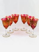 Six cranberry glass wine glasses