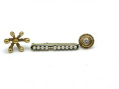 15ct gold seed pearl set bar brooch together with an 18ct gold earring and a 9ct gold earring