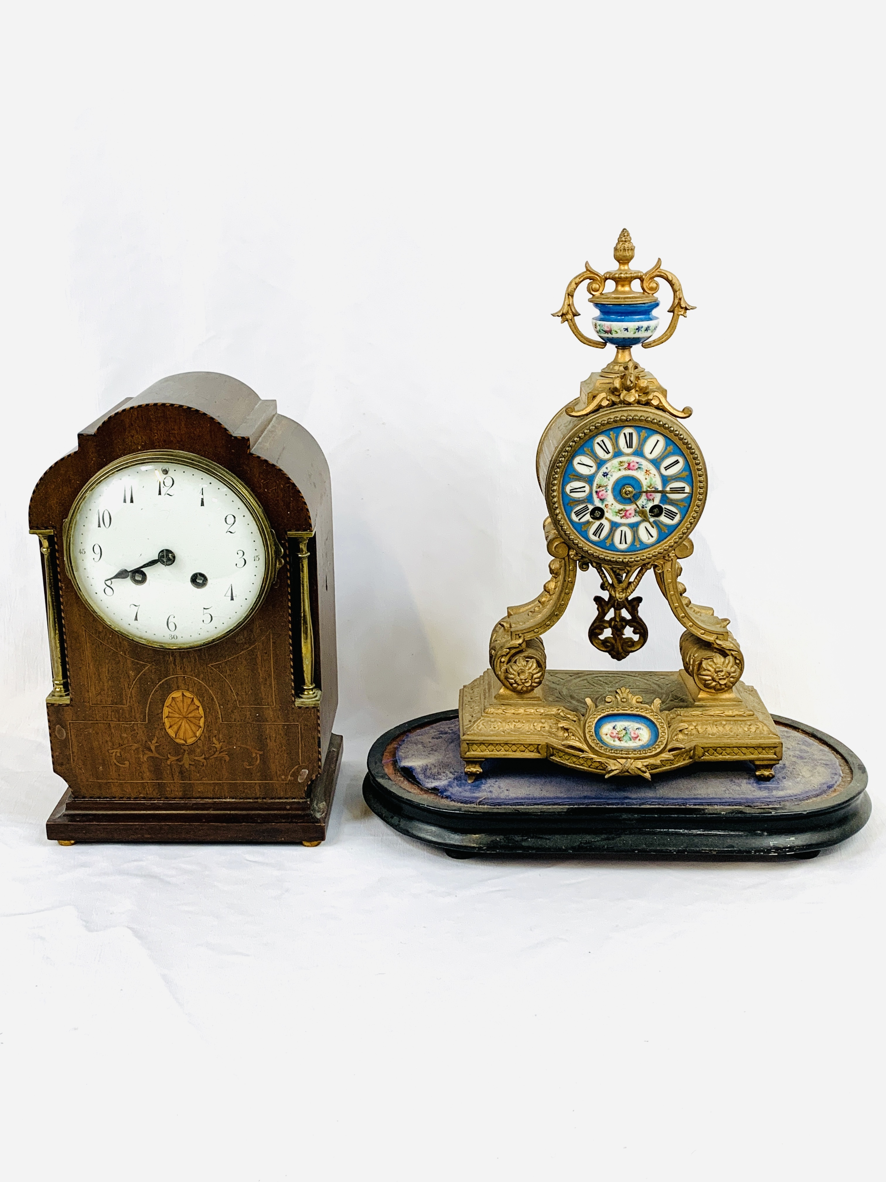 Mahogany mantel clock together with an ormolu mantel clock
