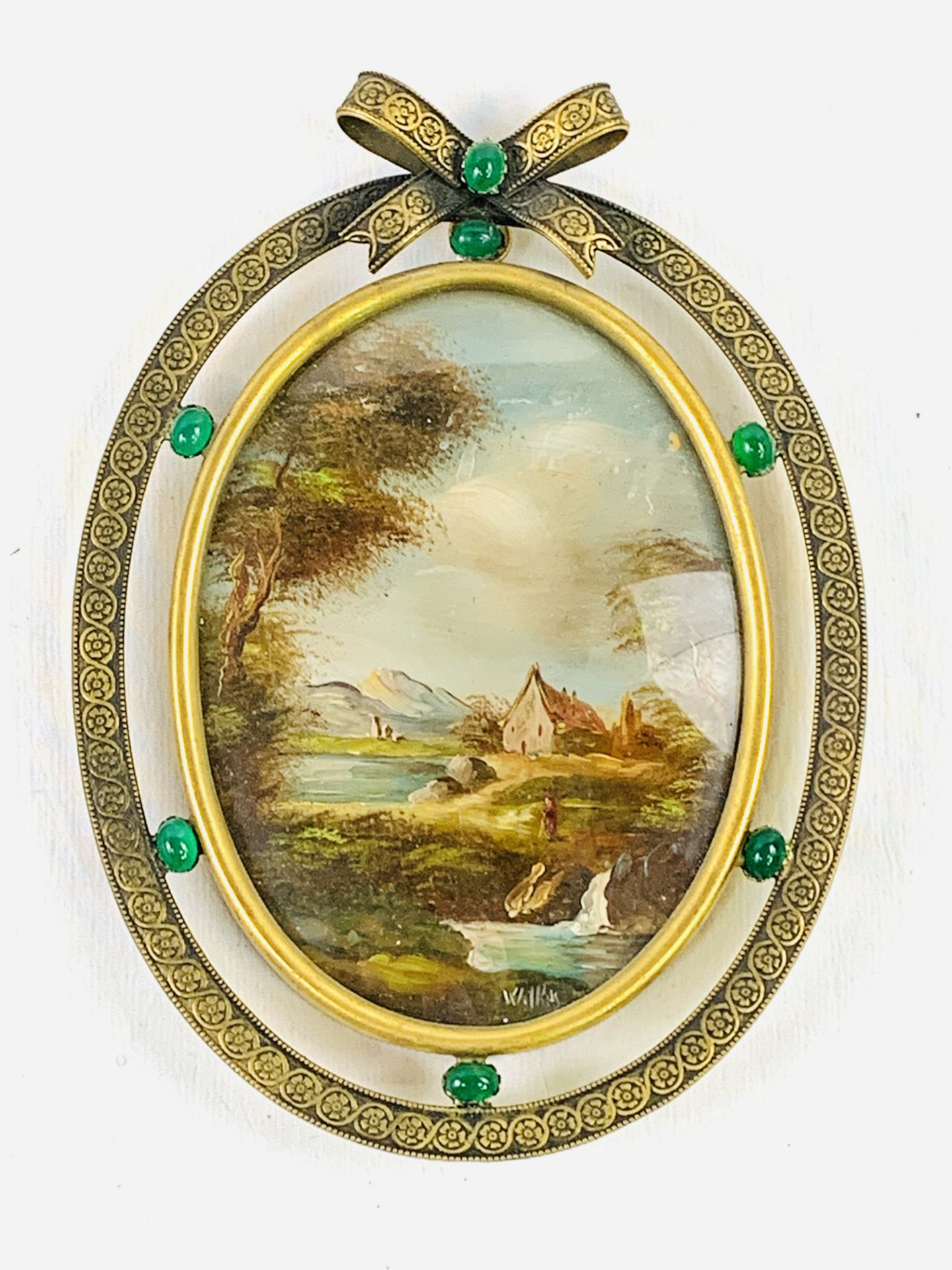 Set of four oval framed and glazed oil paintings of rural scenes in brass frames - Image 6 of 6
