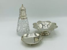Cut glass sugar sifter and other silver
