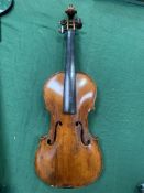 Violin in wood case, with two violin bows