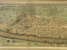 Framed and glazed hand coloured map of London and Westminster in the reign of Queen Elizabeth