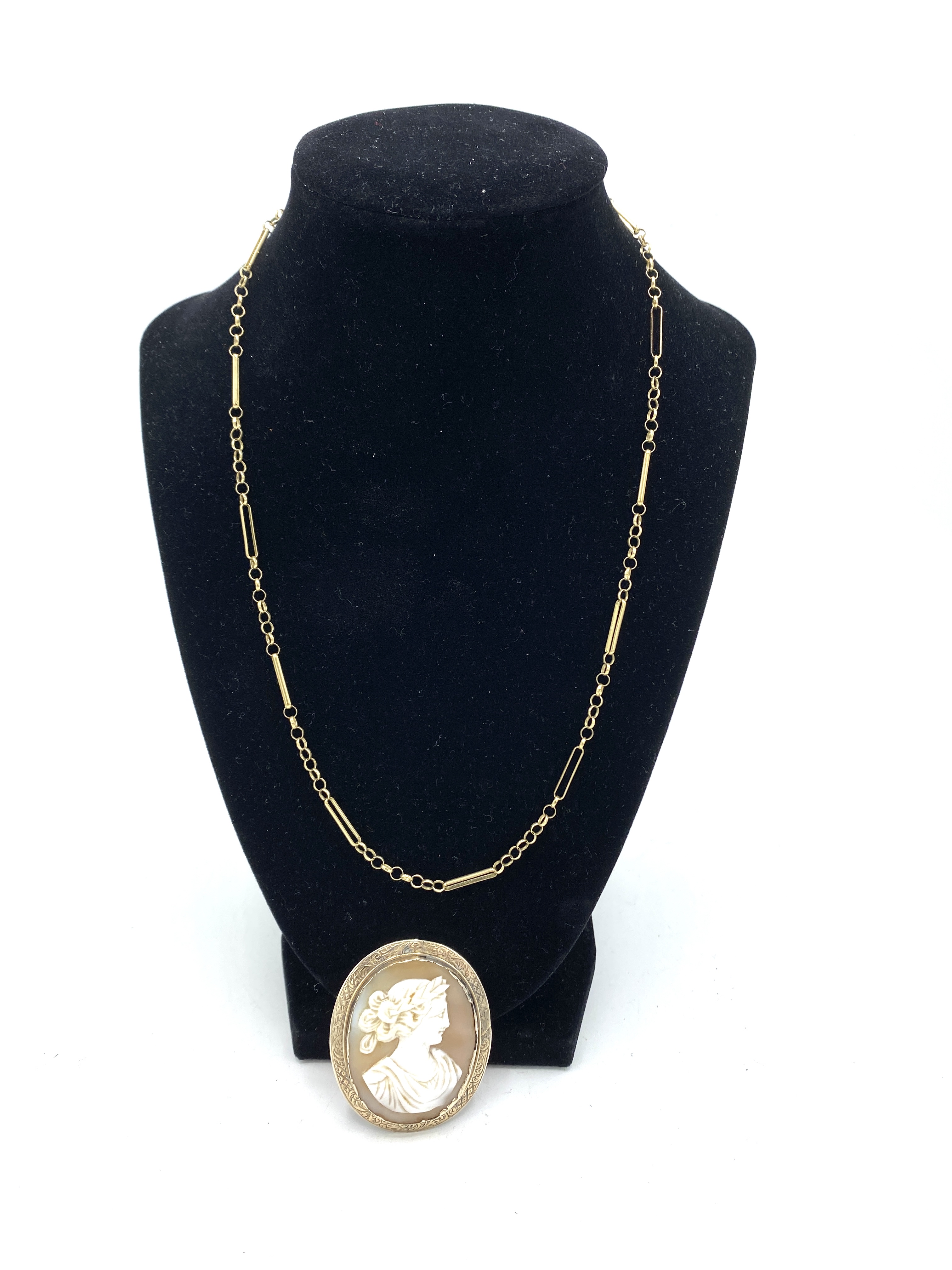 9ct gold necklace and cameo brooch