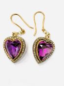 Pair of gold and amethyst heart shaped earrings