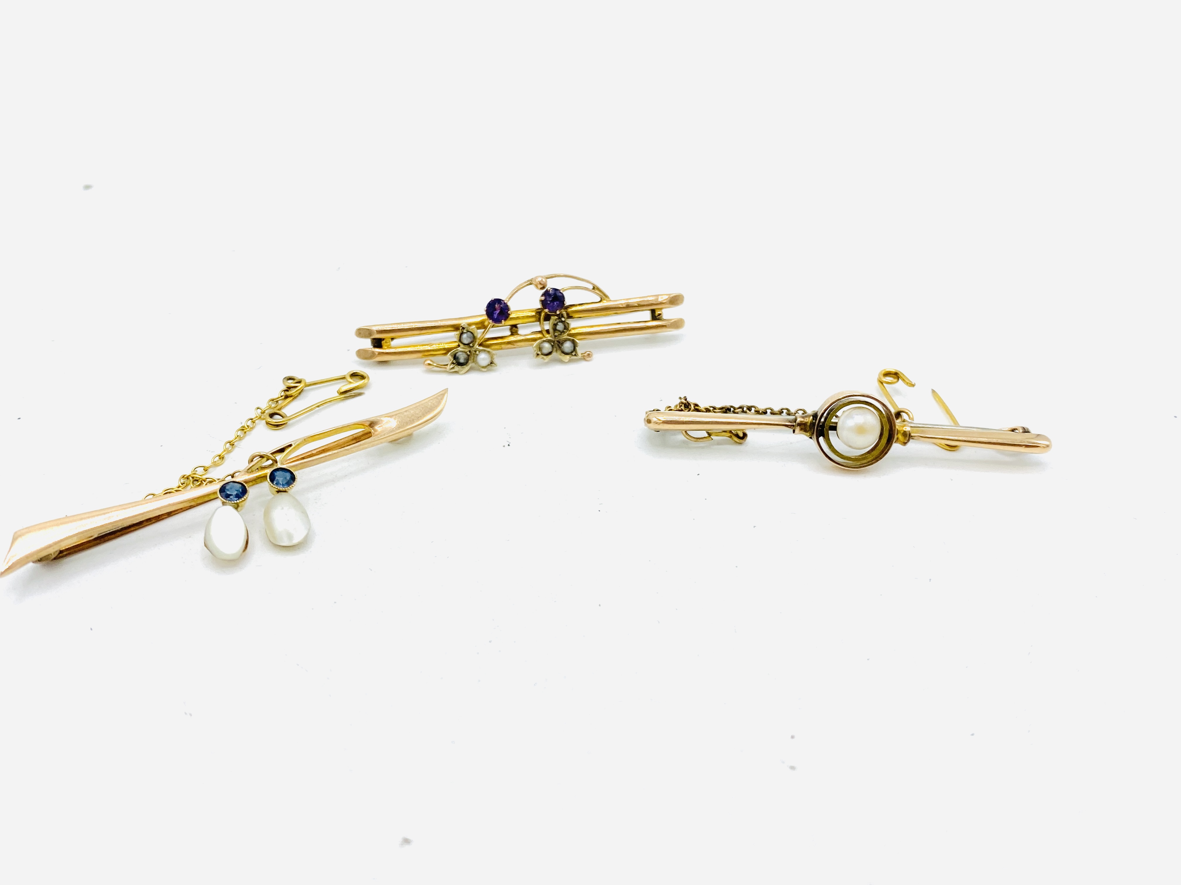 Three 9ct gold, stone set, Edwardian bar brooches