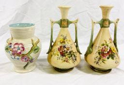 A pair of Royal Worcester vases together with a Clarice Cliff vase