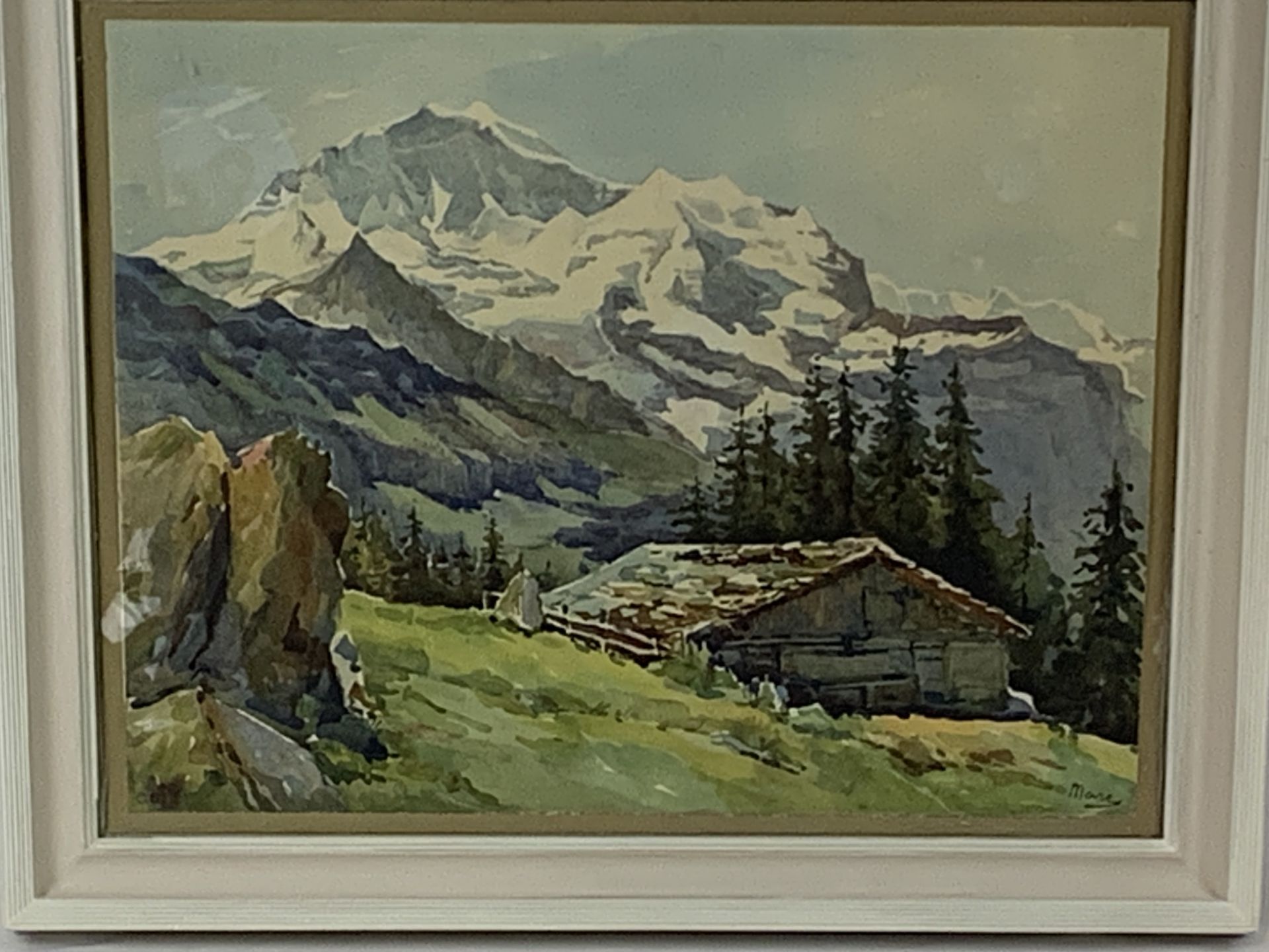 Framed and glazed lithograph of a mountain scene