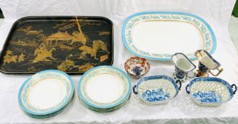 A quantity of mixed china together with a papier mache tray