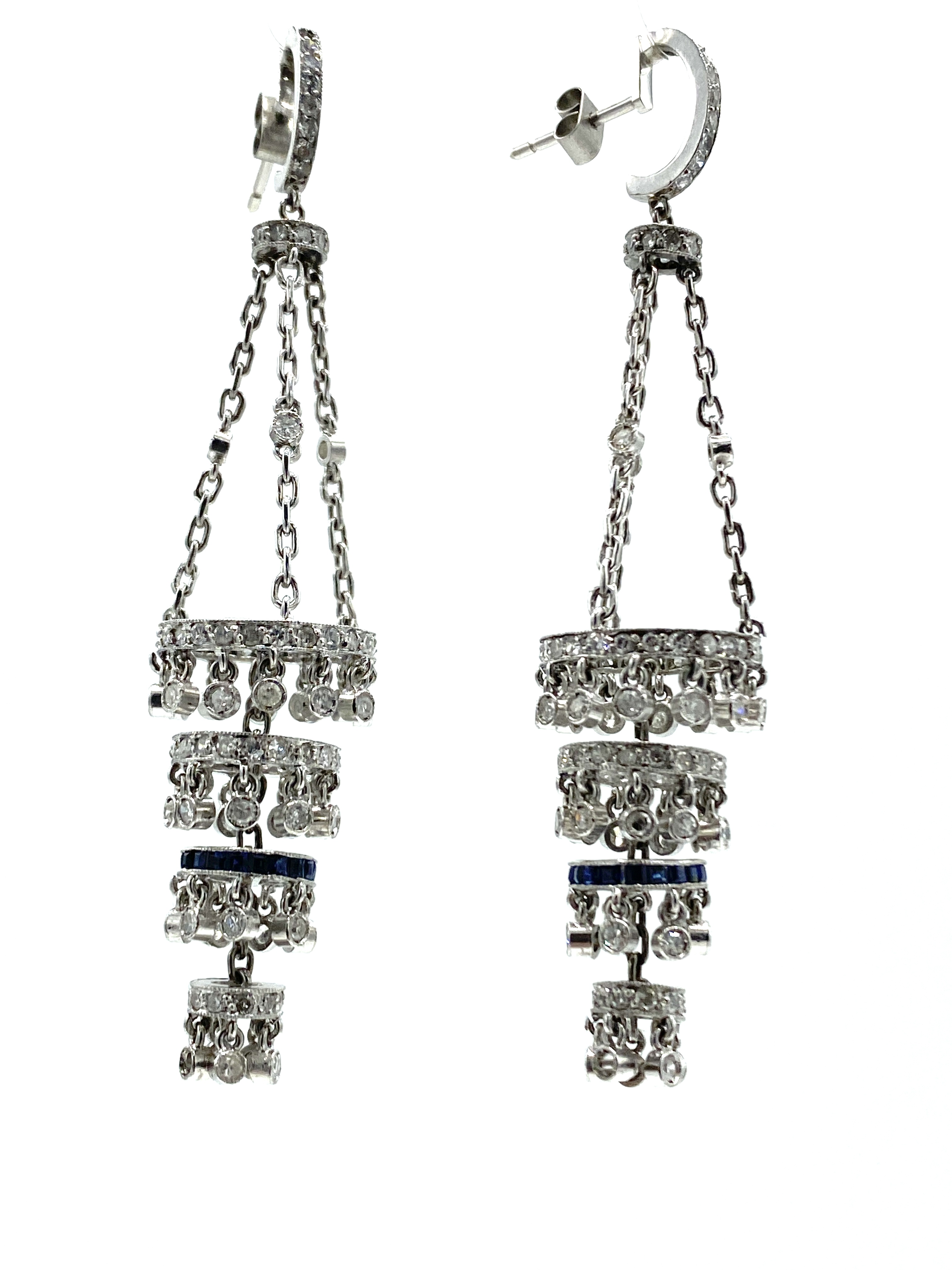 Pair of chandelier earrings set with diamonds and sapphires