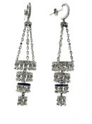 Pair of chandelier earrings set with diamonds and sapphires