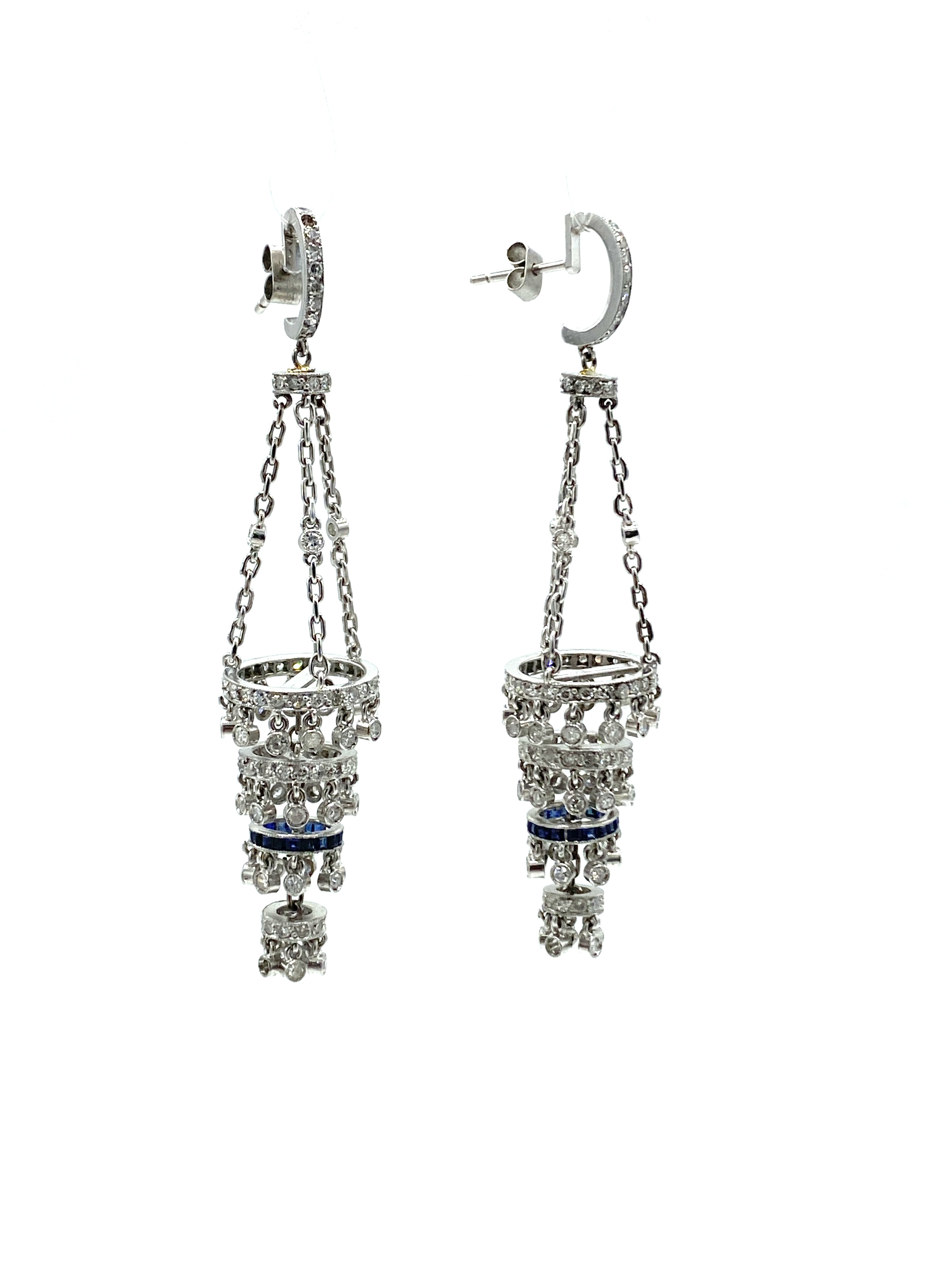 Pair of chandelier earrings set with diamonds and sapphires - Image 3 of 5