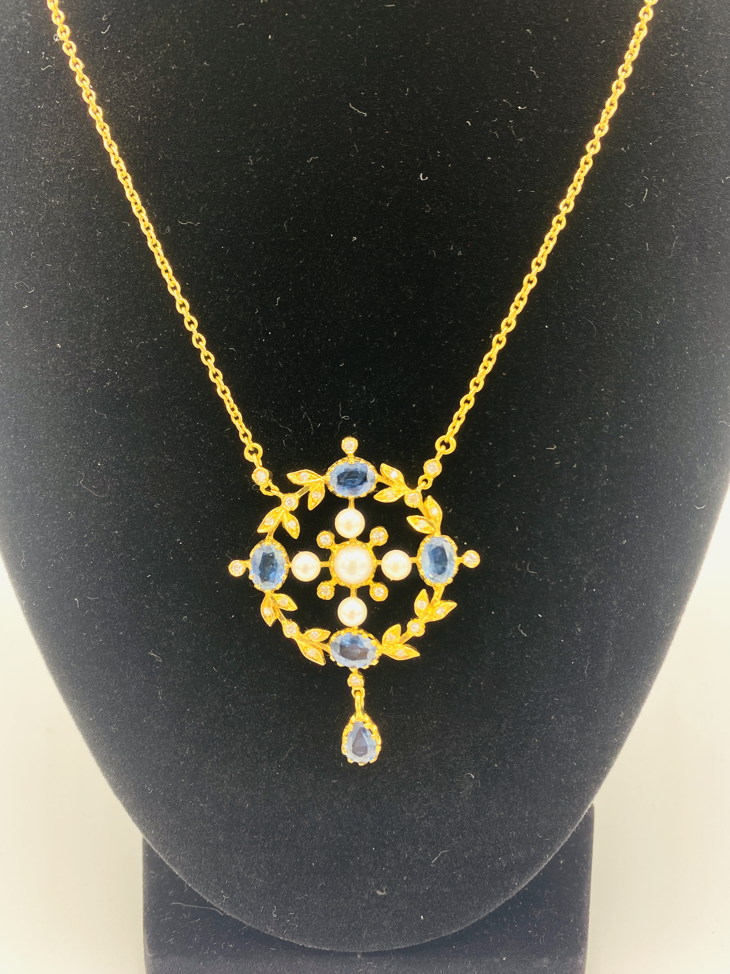 Pearl, sapphire and diamond wreath shaped pendant mounted on 18ct gold, with 18ct gold chain. - Image 2 of 5
