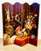 Four panel hand painted folding screen
