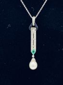 Art deco necklace with emerald, diamond and pearl pendant