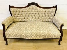 Upholstered button back show wood mahogany settee