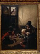 Oil on canvas of men playing dice, signed Claus Meyer