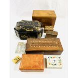 A mahogany tea caddy, an Oriental black lacquered box and other items