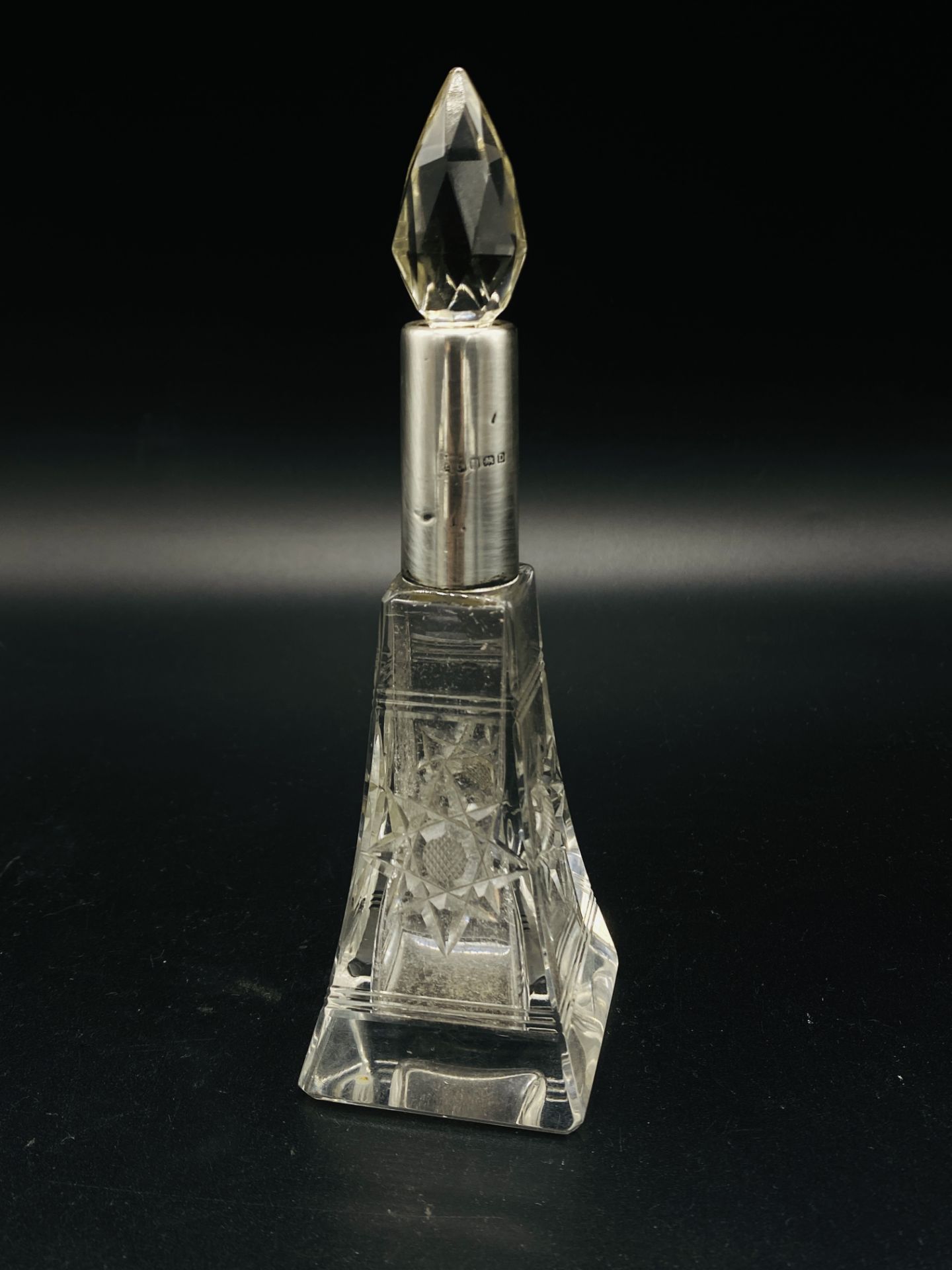 Art Deco style lead crystal scent bottle with silver top, and a hallmarked silver topped glass pot - Image 2 of 3