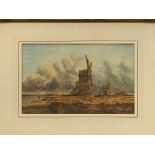Watercolour of Dutch windmills, signed E. Calcott