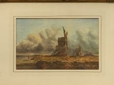 Watercolour of Dutch windmills, signed E. Calcott