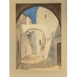 A watercolour of a Middle Eastern street, a lithograph and a map of Cardigan