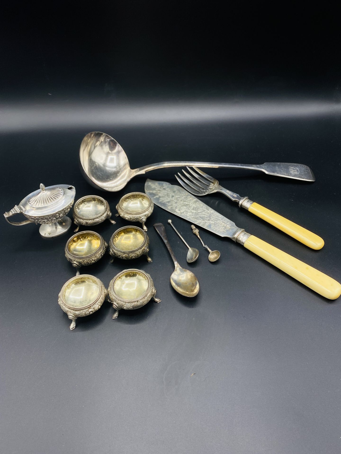 Collection of silver cruets and other items
