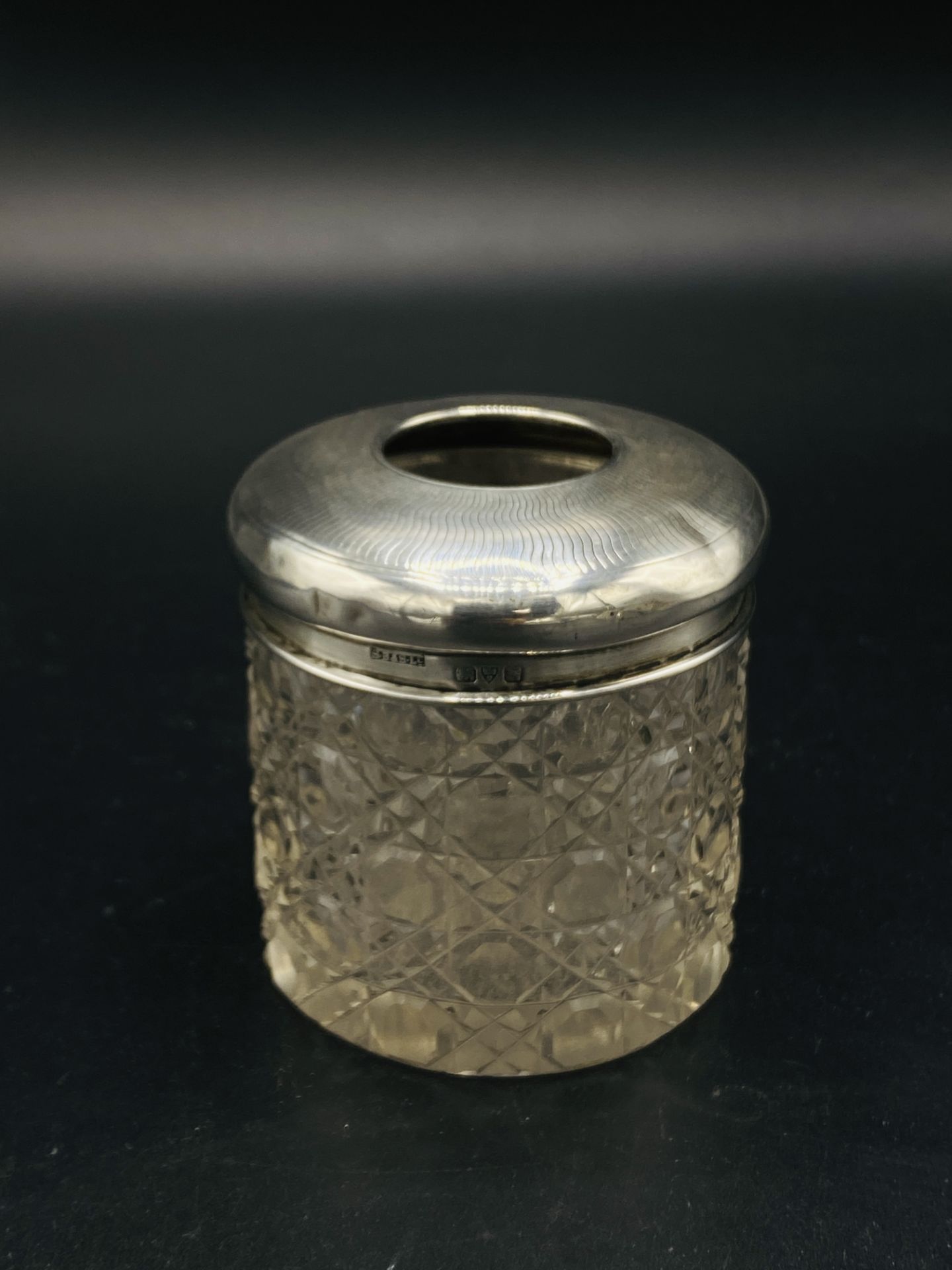 Art Deco style lead crystal scent bottle with silver top, and a hallmarked silver topped glass pot - Image 3 of 3