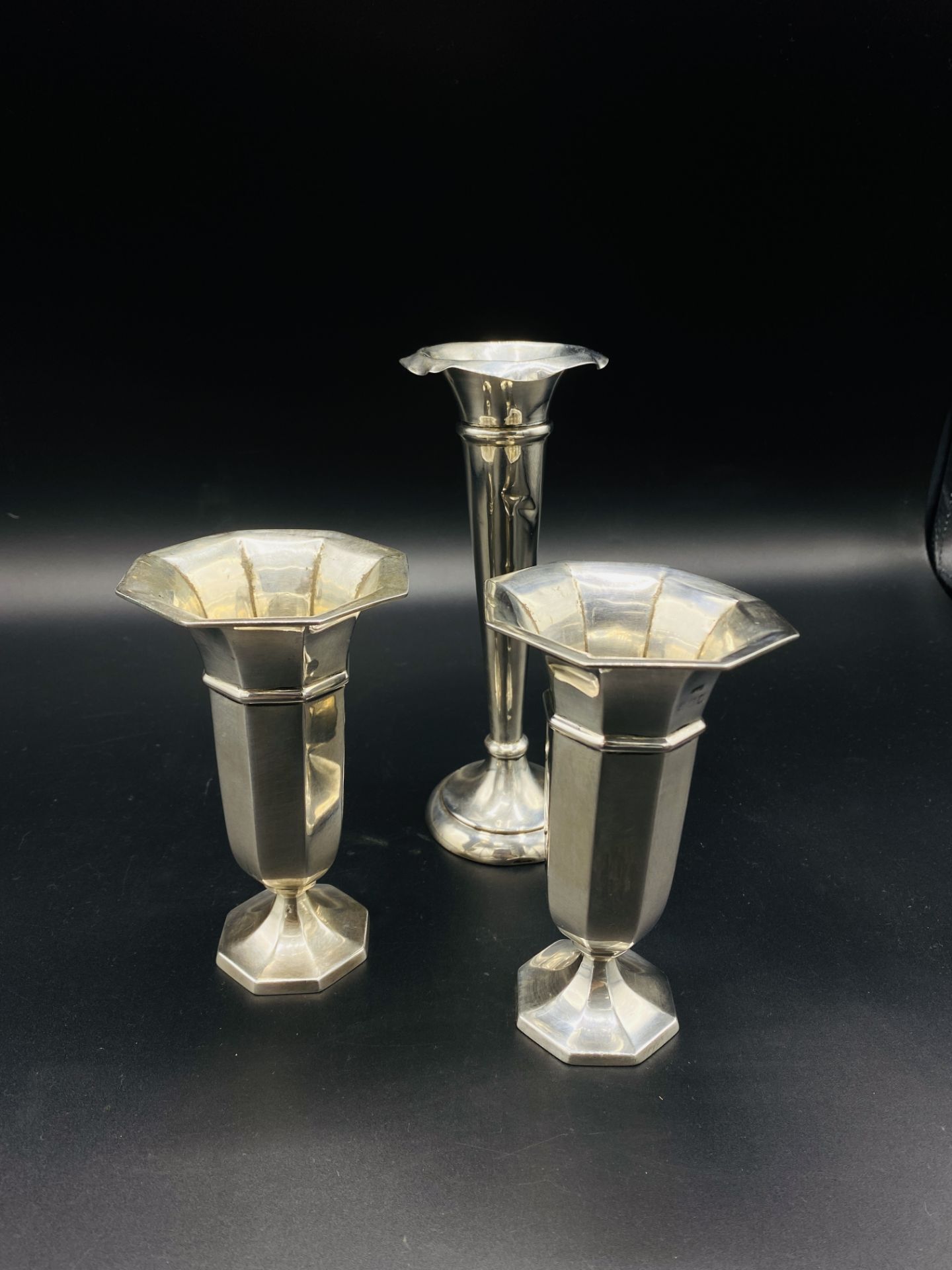 Silver three branch epergne by Walker & Hall, and three silver vases - Image 6 of 9