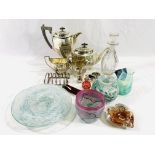 Silver plate tea set and other items