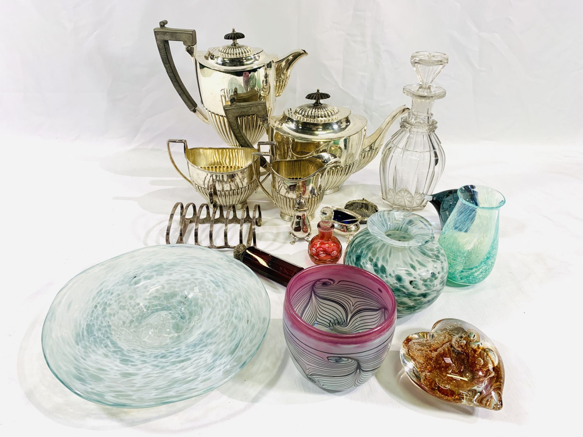 Silver plate tea set and other items