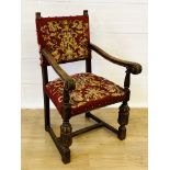 Oak open armchair with tapestry seat and back