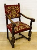 Oak open armchair with tapestry seat and back